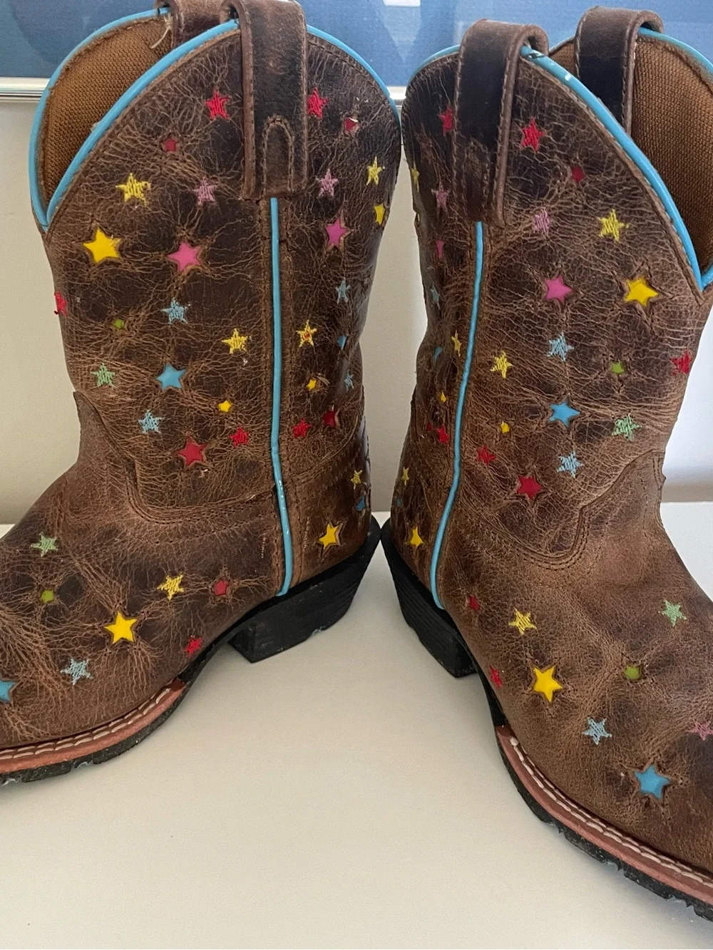 Dan Post Girls Brown Cowboy Boots with Turquoise Trim and Multicolor Stars